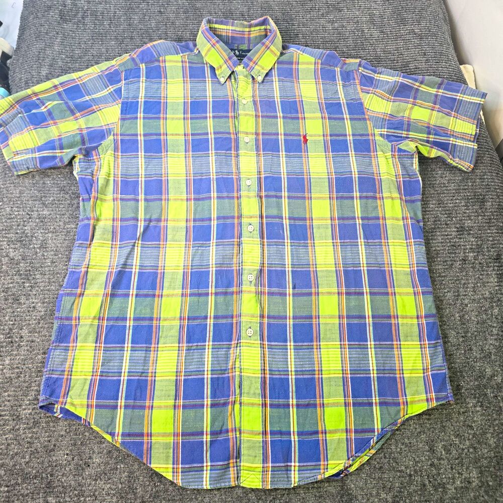 Ralph Lauren Classic Fit Cotton Woven Plaid Button Down Shirt Mens L Blue Green